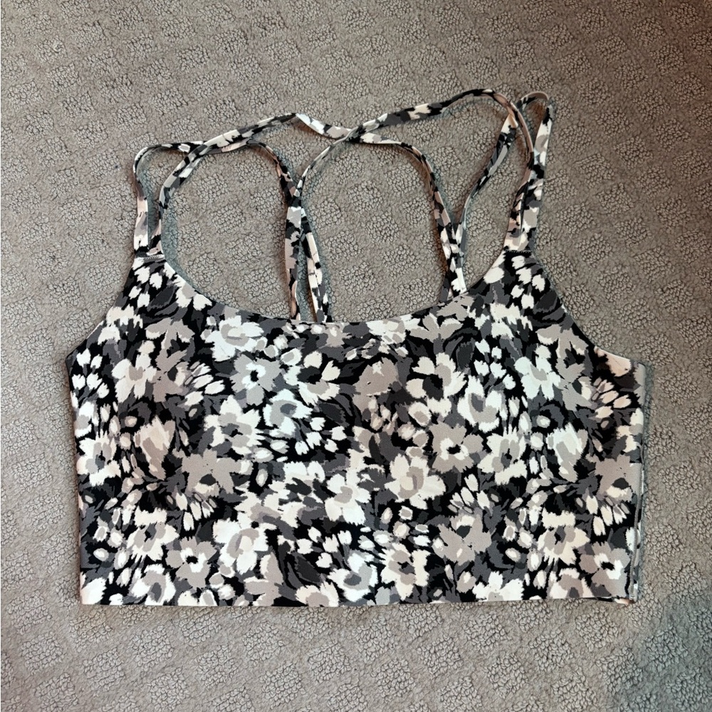 Offline by aerie Floral Black, Gray & White Strappy Sports Bra, Size Medium